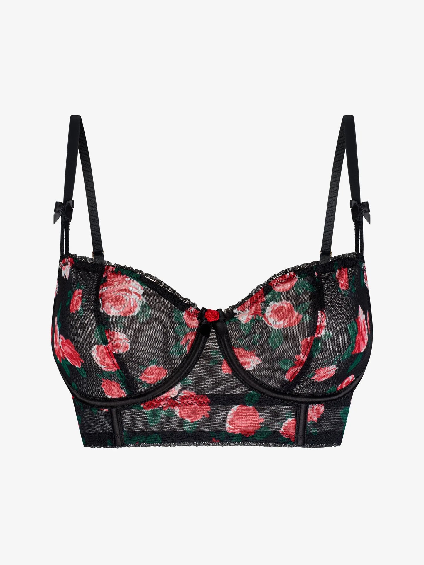 Mustal kangal roosiprindiga balconette rinnahoidja