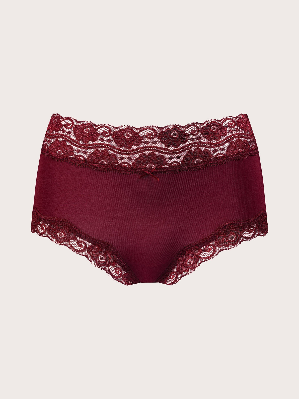 A pair of women's high-waisted briefs in deep burgundy, featuring a wide lace-trimmed waistband and matching lace along the leg openings, shown against a light gray background.