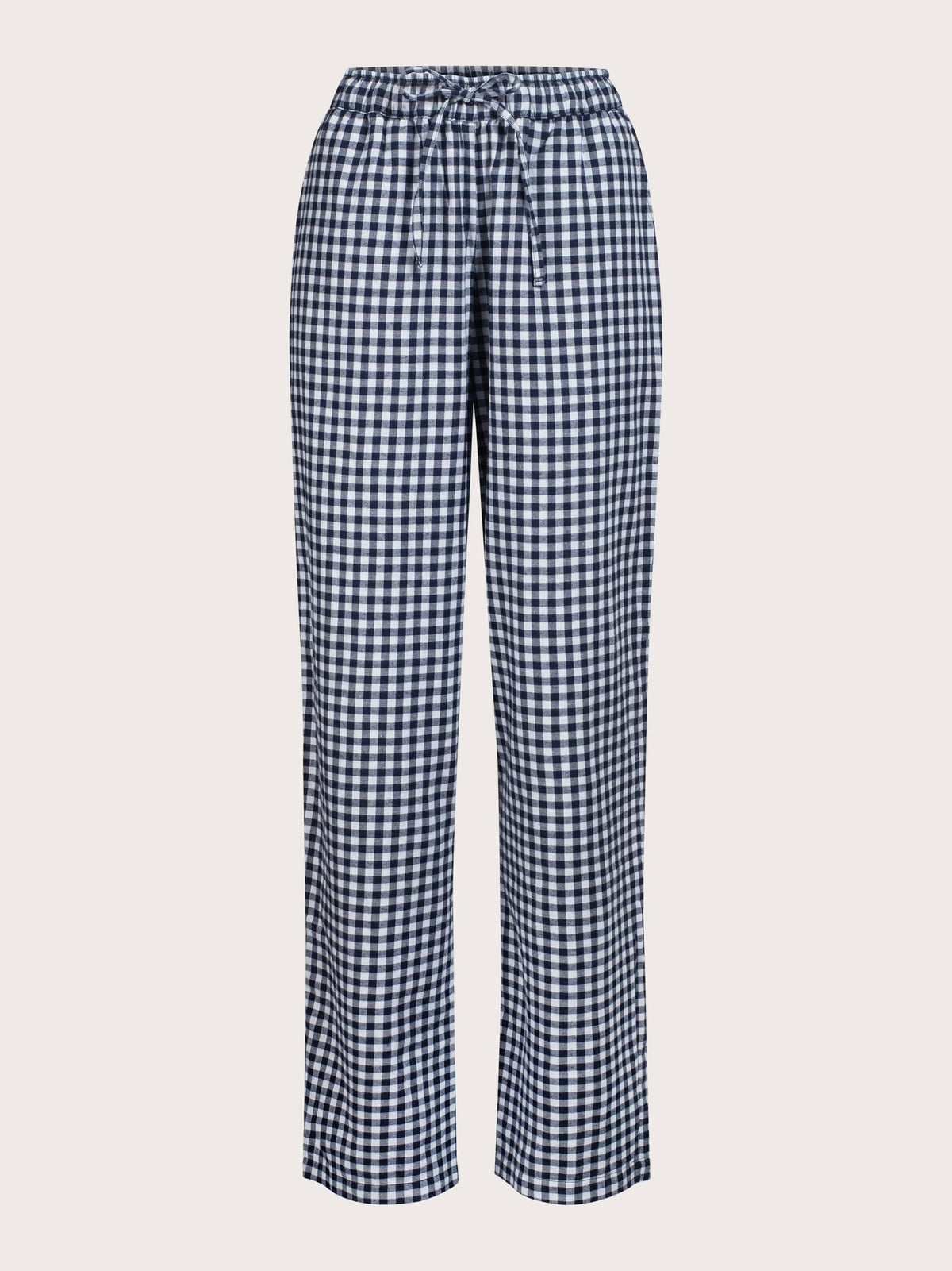 A pair of women's wide-leg trousers in a navy and white gingham check pattern, featuring an elastic waistband with a drawstring, shown against a solid light beige background.