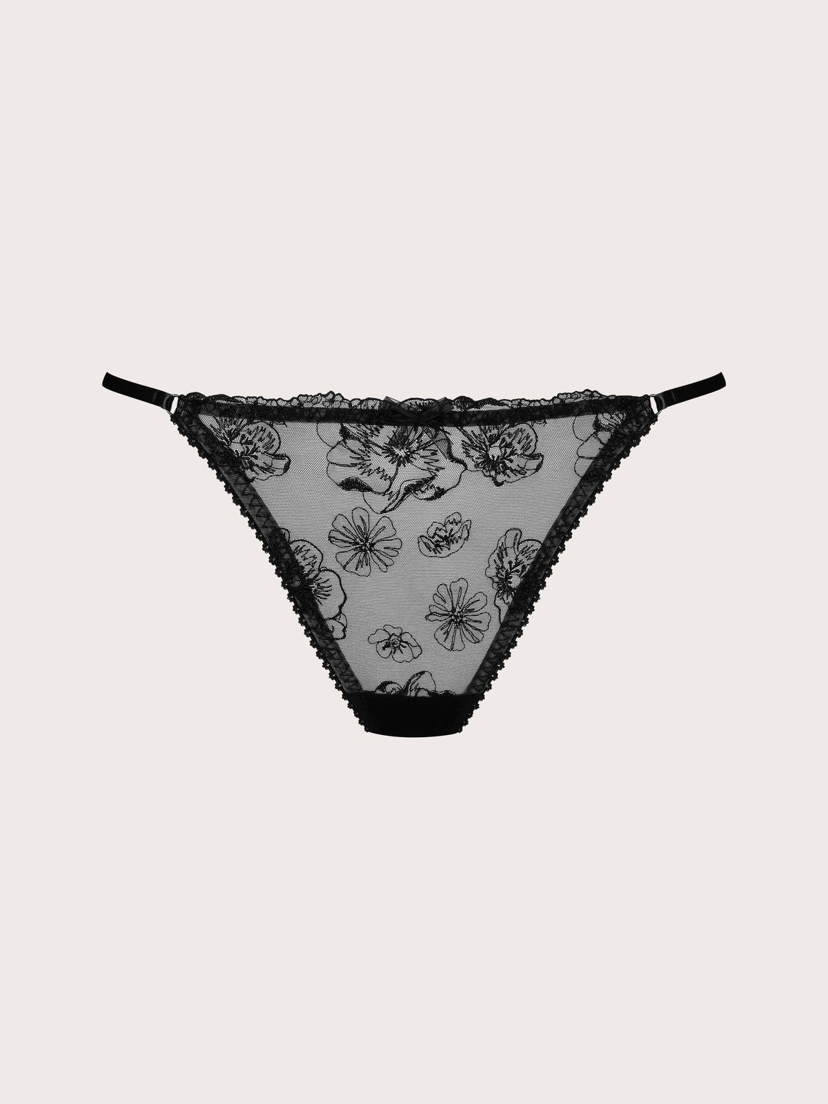 Black sheer mesh thong with a black floral lace pattern and scalloped trim, displayed flat against a light gray background.