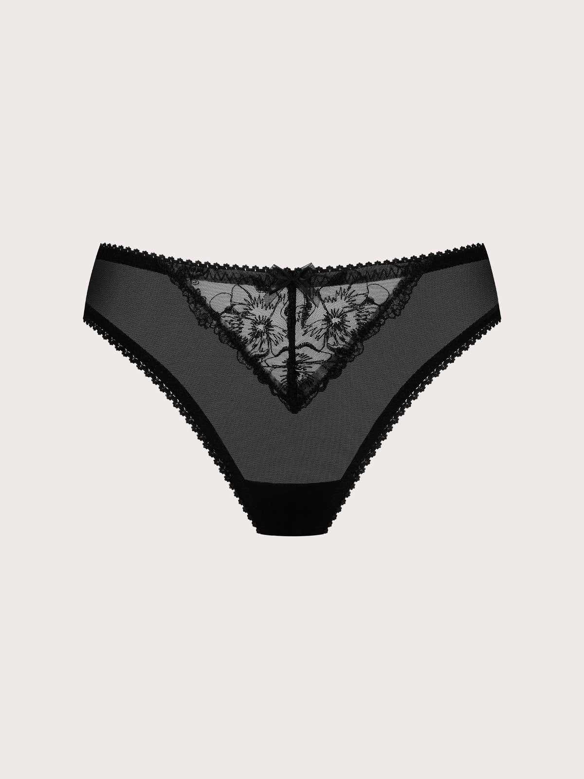 Black sheer mesh and lace panties with a floral lace panel and scalloped edges, shown flat against a light beige background.