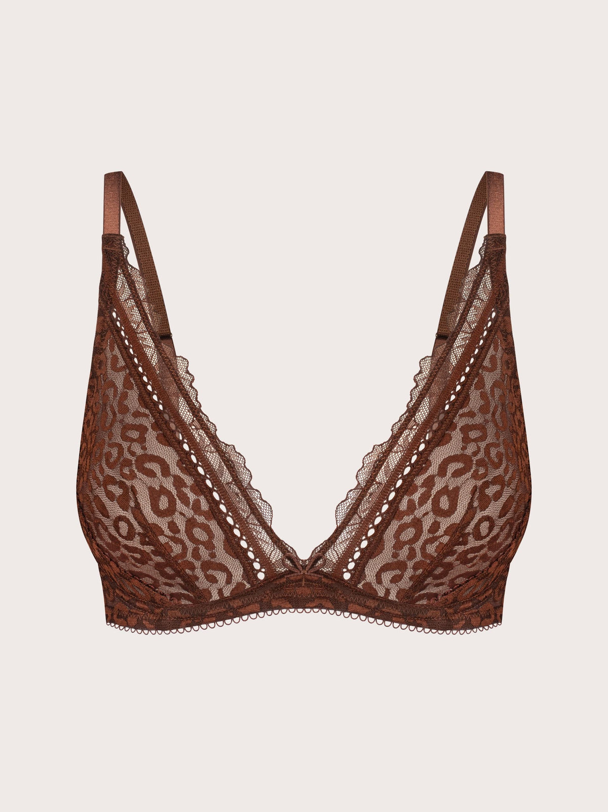A brown lace triangle bralette with a subtle leopard print pattern, scalloped edges, and thin adjustable shoulder straps, shown against a light beige background.