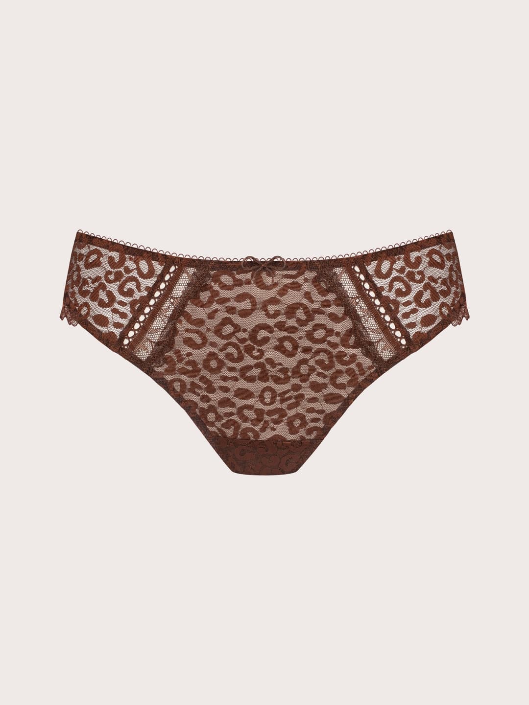 Brown leopard print lace panties with sheer mesh panels and lace trim, displayed flat against a light beige background.